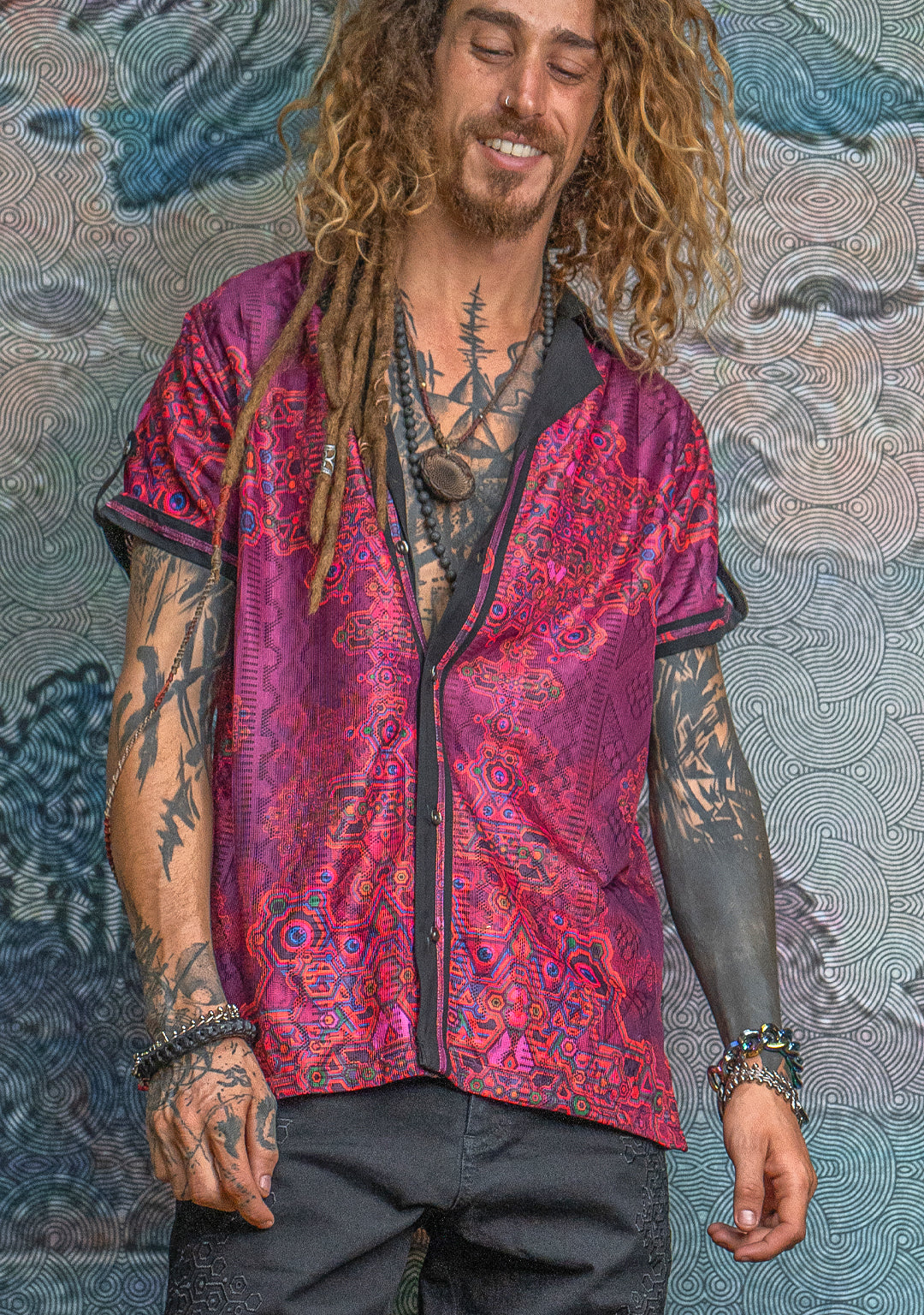 Shirt Men DOLCE Half Sleeves / Lace Black Border - Pink DEMETRIO